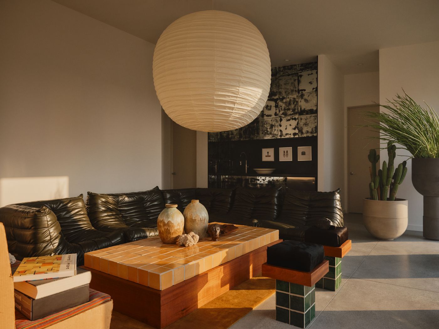 The living room with its printed wall