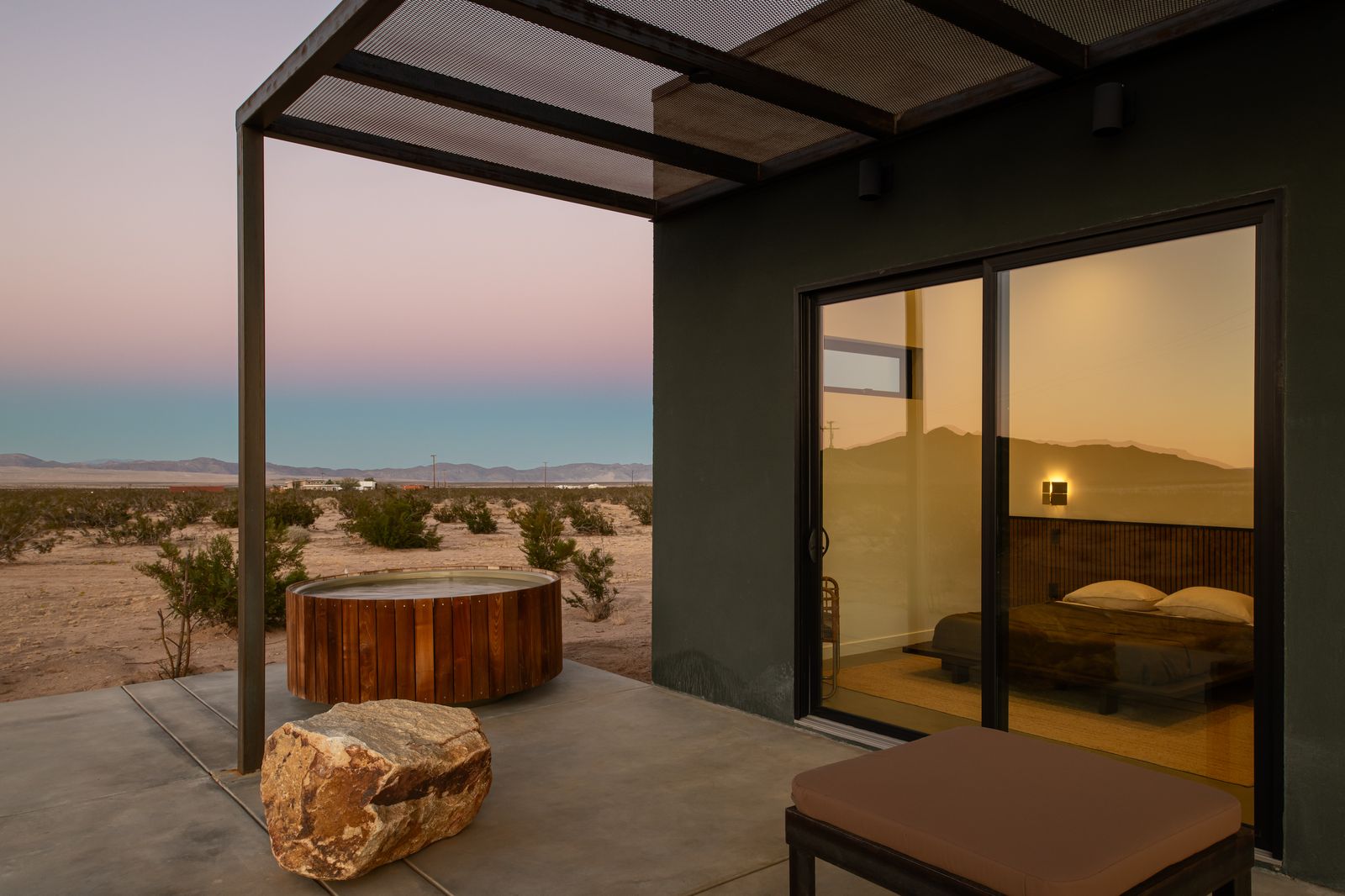 Cedar hot tub at dusk